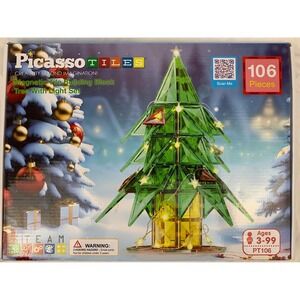 PicassoTiles 106pc Magnetic Tile Christmas Tree Building Block Set w/Lights